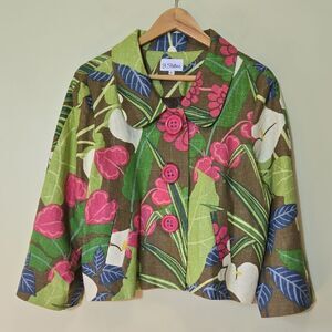 3 Sisters Linen Blend Floral Cropped Blazer Jacket Sz XL Cotton 3/4 Sleeve Boxy